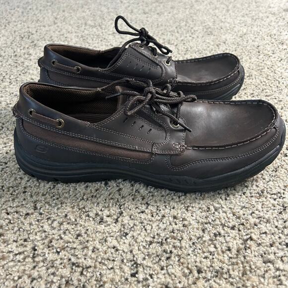 Skechers Men's Boat Shoes Size 12 Brown Leather Memory Foam Loafer Slip On - Picture 1 of 8